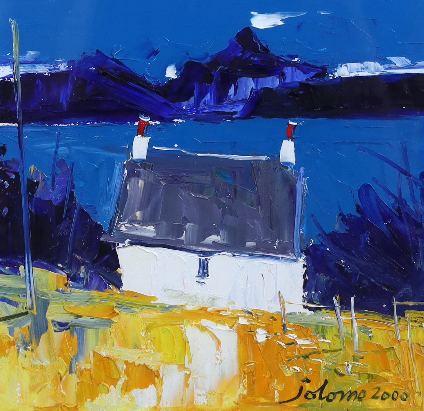 John Lowrie Morrison, [Jolomo] O.B.E (Scottish 1948-), 'Lakeside cottage', oil on board, 40 x 40cm